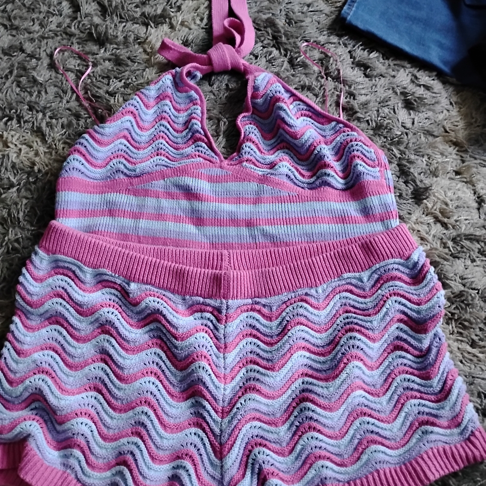 Pink and Blue Knit Halter Top and Shorts Set